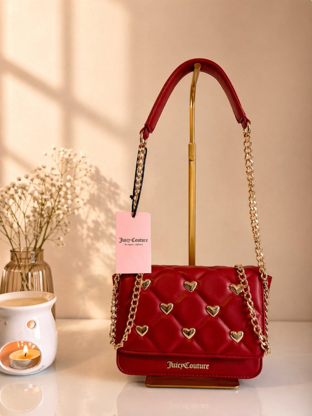 Juicy Couture Red Quilted Shoulder Bag | Gold Chain | Heart Detail | NWT